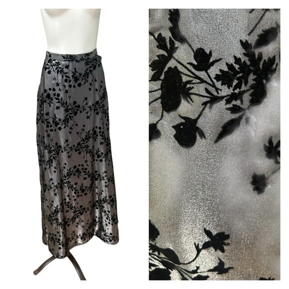Vintage 1990s Silver Metallic Velvet  Maxi Skirt Floral Burnout / Size Large - - Picture 1 of 4